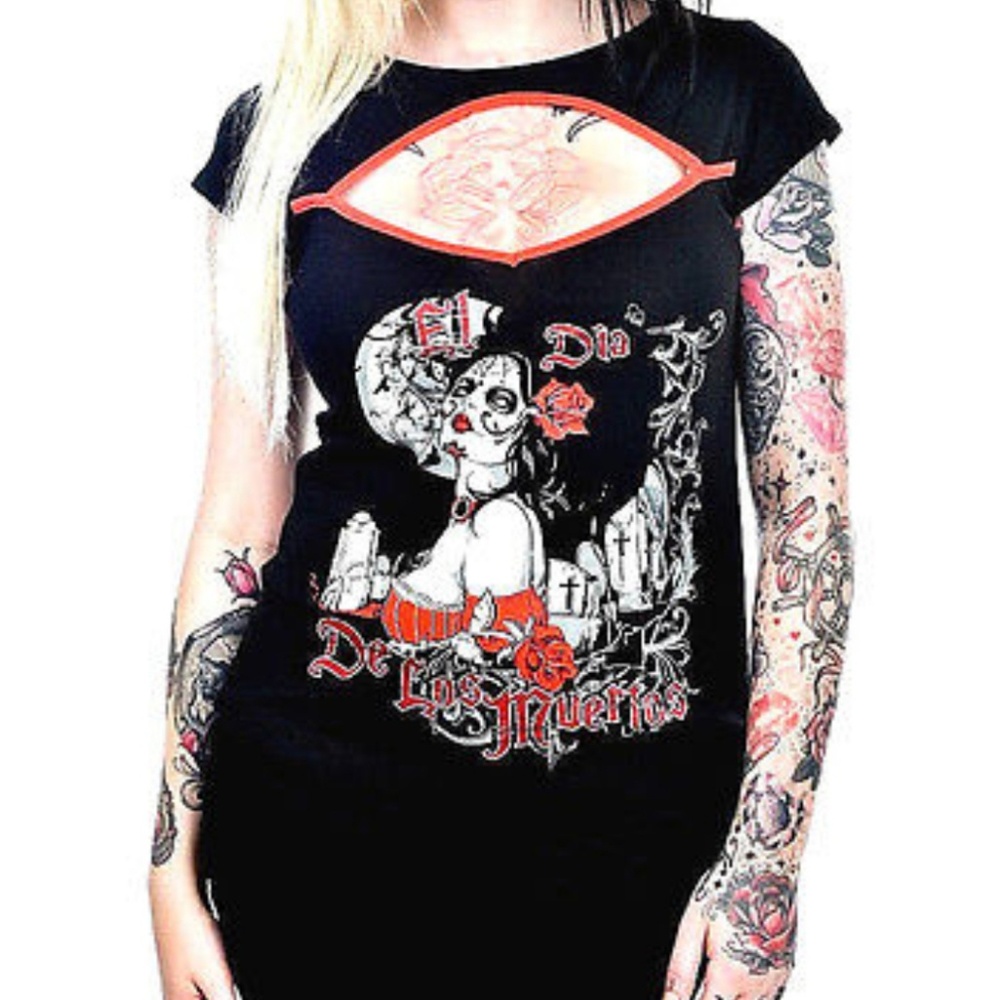 Too Fast Blair Top El Dia De Los Muertos Sugar Skull Day of Dead Graveyard Woman - Picture 3 of 8